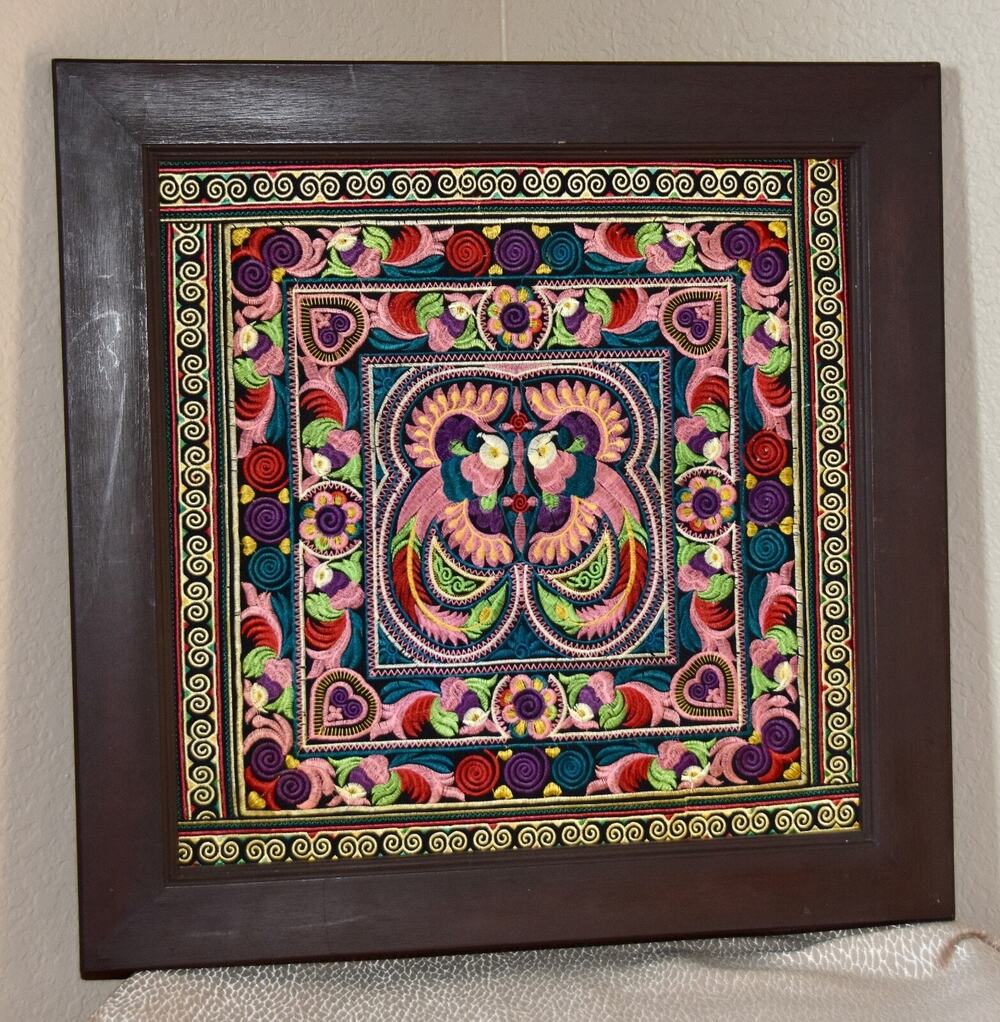 Vintage Folk Art Hand Stitched Embroidery Otomi Mounted & Framed